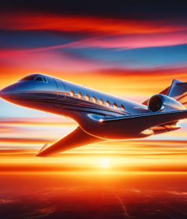 Gulfstream G800 private jet, capturing the jet's sleek silhouette against a vivid sunset sky.